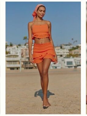 Anthropologie Orange Ruffled Crop Top & Skirt Set